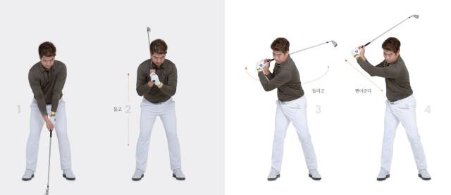 견고한 백스윙을 위한 3단계. 어드레스를 취한 후 들고, 돌리고, 뻗어준다.