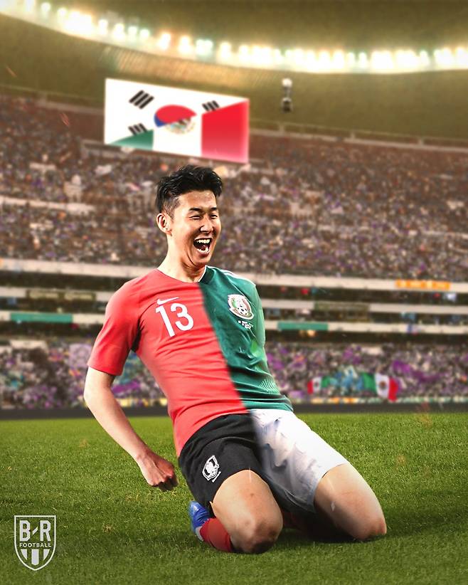 멕시코의 지난 2018 러시아 월드컵 16강 진출에 힘을 보탠 독일전 득점 이후 멕시코의 국민적 영웅이 됐던 손흥민. 사진은 대한민국 축구 국가대표팀과 멕시코 축구대표팀 유니폼 합성 사진. /사진=BR풋볼 SNS캡처