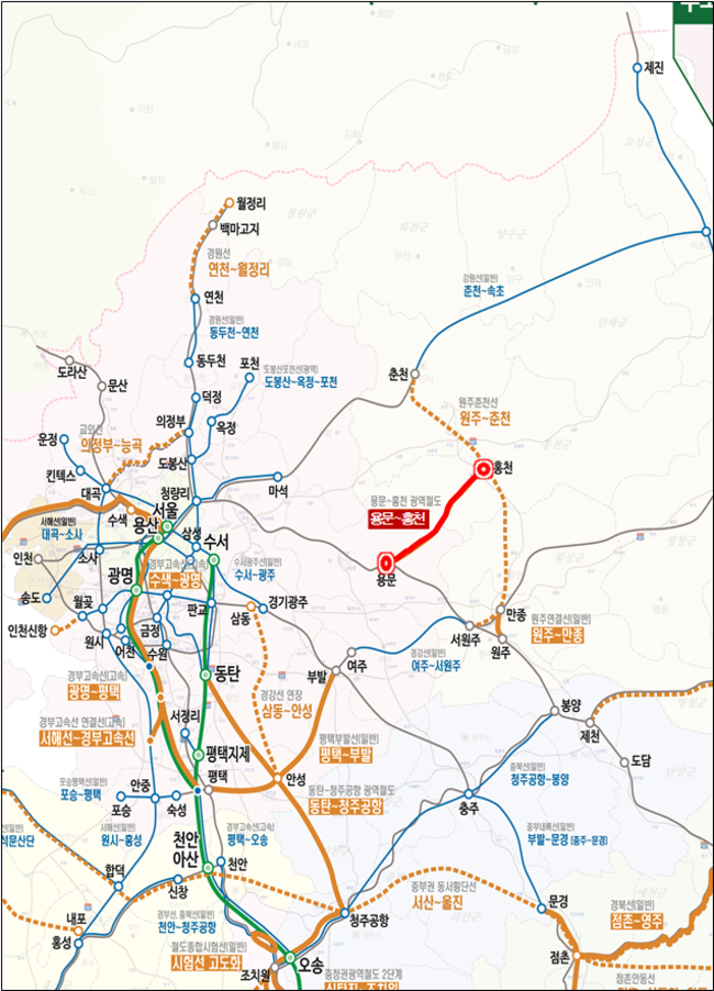 ▲ 용문~홍천 광역철도 노선도. 강원도 제공