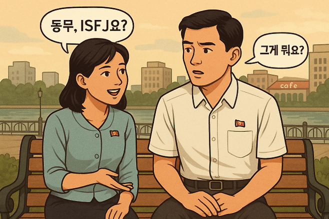 북한 평양 대동강 강변의 찻집 앞 벤치에서 청년 남녀가 대화를 나누는 모습을 형상화한 일러스트. 최근 북한 청년층 사이에서도 MBTI를 주제로 한 대화와 맞선 문화가 확산하고 있다.