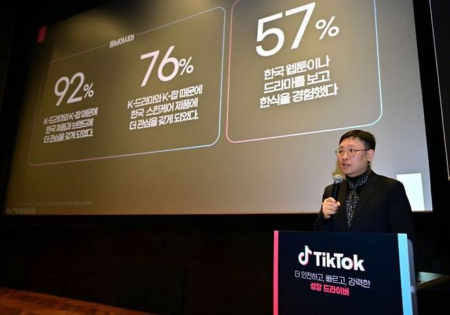 정재훈 틱톡코리아 총괄이 18일 오전 서울 강남구 CGV 청담씨네시티에서 열린 '2025 틱톡 미디어 데이'에서 발표하고 있다. 틱톡 제공
