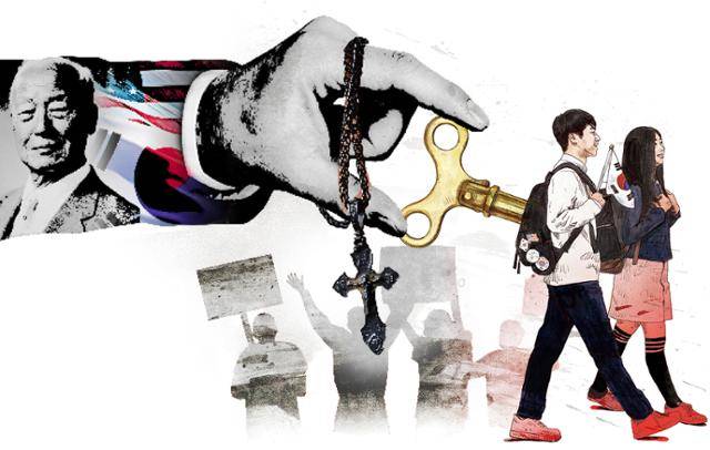 지난 겨울과 봄, 서울 여의도에서 열린 '윤석열 대통령 탄핵 반대 집회'에는 앳된 10대들이 여럿 보였다. 이 아이들은 어쩌다 극우 집회에 참석하게 된걸까. 그 뒤에는 공교육을 배척하는 교회가 있었다. 일러스트=신동준 기자