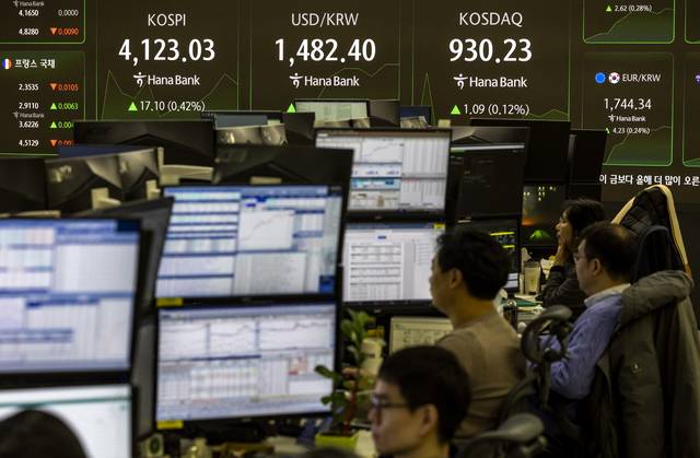 요동친 증시 : 23일 오전 서울 중구 하나은행 본점 딜링룸에서 직원들이 업무를 보고 있다. 뉴시스