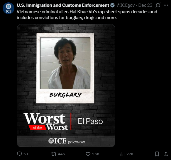 미국 이민세관단속국(ICE)이 지난 23일(현지시간) 구금한 이민자의 사진을 올리며 “최악 중의 최악”이라고 설명하고 있다. 게시물에는 “베트남 출신 범죄자로 절도, 마약 등 다양한 범죄로 유죄 판결을 받은 전과가 있다”는 내용이 적혔다. ICE 엑스 계정 갈무리