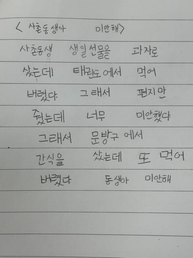 창원 사화초등학교 2학년 최지원 '사촌동생아 미안해'.