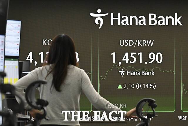 원·달러 환율이 3년 1개월만에 최대 폭으로 하향한 24일 이후 첫 거래일인 26일 서울 중구 을지로 하나은행 본점 딜링룸 전광판에 경제지수가 표시되고 있다. /송호영 기자
