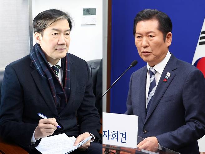 조국 조국혁신당 대표(왼쪽)가 지난 27일 전북 정읍 샘고을시장을 찾아 상인들의 건의 사항을 메모하고 있다. 정청래 더불어민주당 대표가 지난 26일 국회에서 기자회견을 열어 발언하고 있다. 연합뉴스