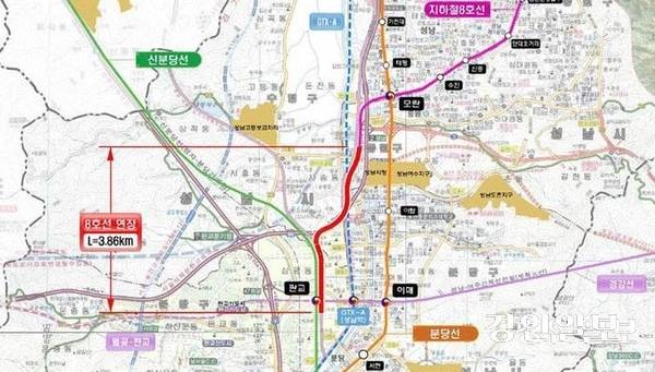 ‘지하철 8호선 판교 연장’ 예정 노선도. /경인일보DB