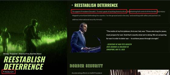 미 국방부가 지난 29일 공개한 2025년 성과 보고서. 미 국방부는 '억지력 재확립' 분야를 3번째 우선순위(붉은색 박스)로 제시하며, 억지력 재확립의 목표를 "트럼프의 미국 우선주의와 완전한 국경 통제 지원"이라고 밝혔다. 미 국방부