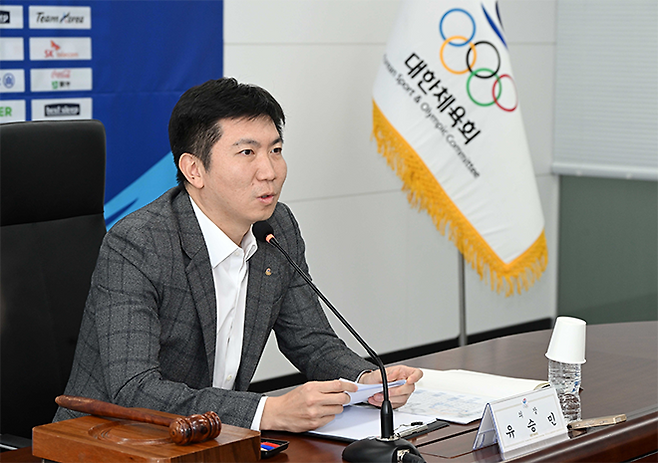 유승민 회장이 2025년 11월 서울특별시 송파구 올림픽회관 제9차 이사회에서 발언하고 있다. 사진=대한체육회