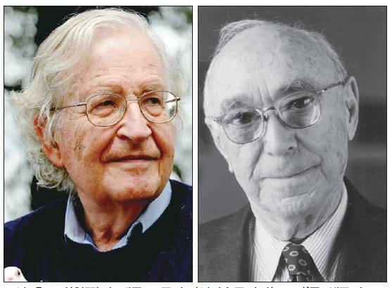 노엄 촘스키(왼쪽)와 제롬 브루너. ‘언어습득장치(LAD)’를 생득적으로 타고난다는 촘스키의 주장에 제롬 브루너는 ‘생득적’이라는 주장은 큰 의미 없다고 일축한다.