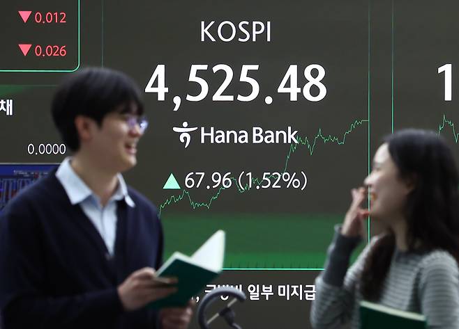 코스피가 전일 대비 67.96포인트(1.52%) 오른 4525.48에 장을 마감한 6일 오후 서울 중구 하나은행 딜링룸 전광판에 종가가 나오고 있다. /뉴스1