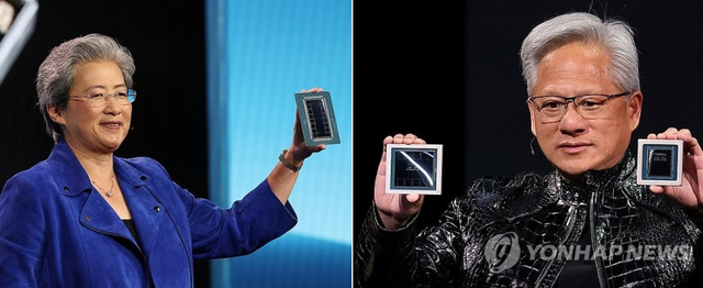 엔비디아와 AMD가 CES 개막을 앞둔 5일(현지시간) 차세대 AI 반도체 칩을 공개했다. 미국 네바다주 라스베이거스 베네시안 호텔에서 키노트 연설을 하는 리사 수(왼쪽) AMD CEO, 퐁텐블로 호텔에서 열린 엔비디아 CES 2026 라이브에서 칩을 들고 있는 젠슨 황 엔비디아 CEO. 연합뉴스