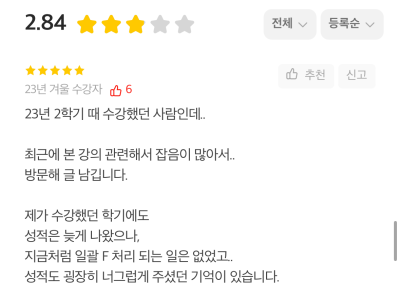 A 강사가 진행한 수업의 평가 중 일부. 독자 제공