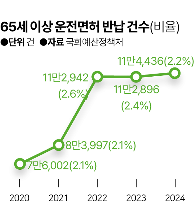 65세 이상 운전면허 반납 건수. 그래픽=김대훈 기자
