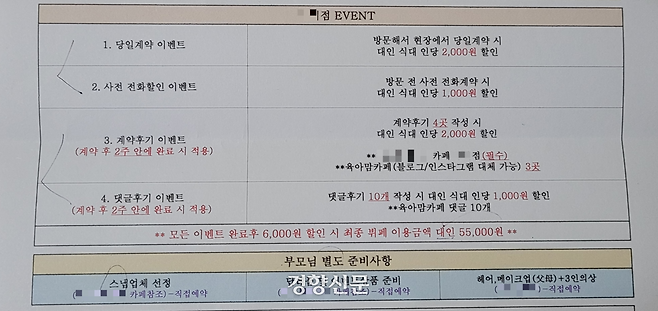 지난 6일 방문한 서울 강서구 한 돌잔치 업체에서 안내한 각종 할인 이벤트 내용. 백민정 기자
