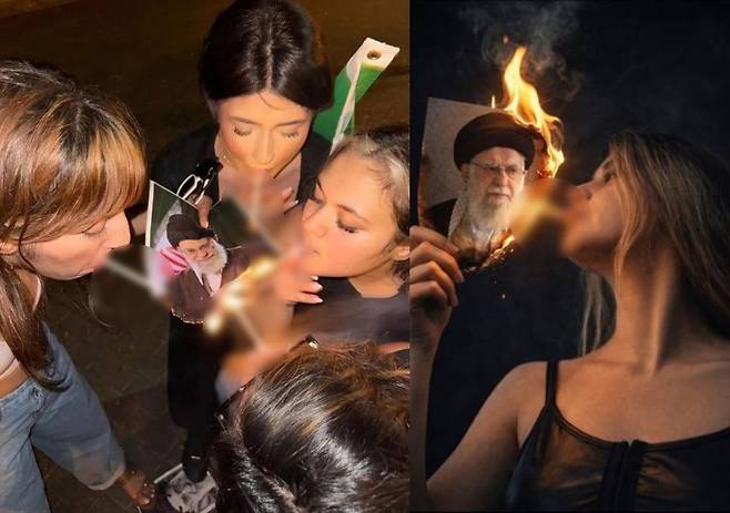 X(엑스)에는 여성들이 하메네이의 사진에 불을 붙여 담뱃불을 태우는 영상들이 잇따라 게시되고 있다. 사진 X 캡처