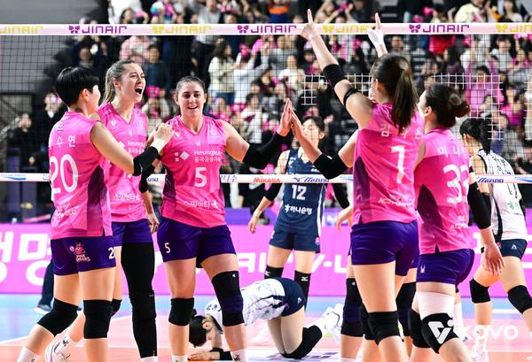 14일 인천 삼산체육관에서 한국도로공사에 승리한 인천 흥국생명 핑크스파이더스. 2026.1.14 /KOVO 제공