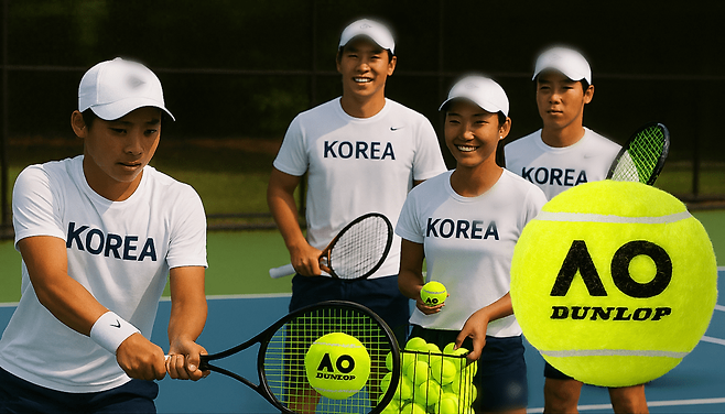 대한테니스협회가 던롭스포츠코리아와 공식 사용구 계약을 마쳤다. 국가대표 선수들이 던롭 AO(호주오픈) 볼로 훈련하는 모습을 AI로 만든 이미지.