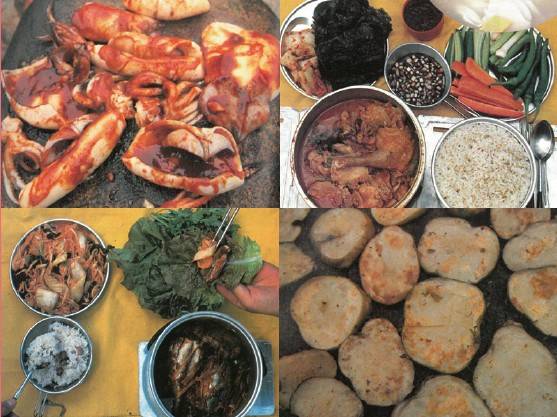 과거 월간에 실렸던 산요리들 사진 모음. 오른쪽 위 떡국과 오징어돌판구이, 닭볶음탕, 감자돌판구이, 고등어조림(왼쪽 위부터 시계방향으로).