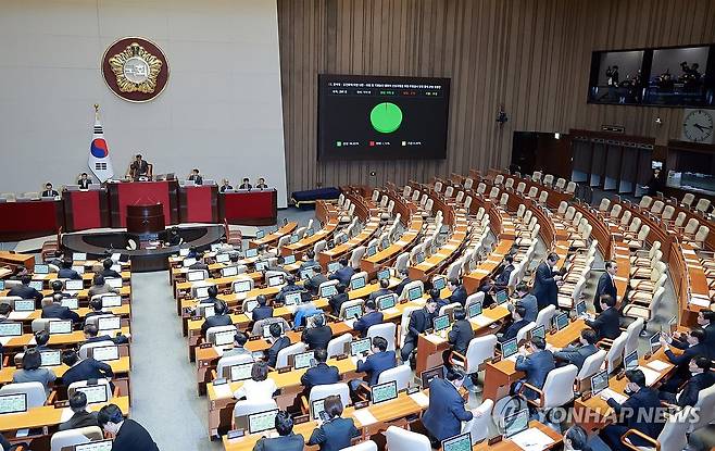 2차 종합특검법 여당 주도로 본회의 통과 (서울=연합뉴스) 신현우 기자 = 16일 국회에서 열린 2026년 1월 임시국회 1차 본회의에서 2차 종합특검법안이 가결되고 있다. 2026.1.16 nowwego@yna.co.kr