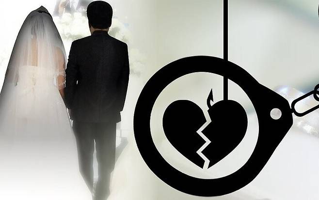 피해자와 혼인신고를 한 뒤 수억 원을 가로챈 40대 사기 전과자에게 항소심 재판부가 실형을 선고했다. 사진은 사기 결혼 이미지. 연합뉴스