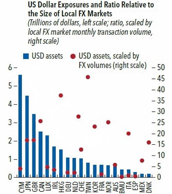환노출 달러자산 및 외환시장 대비 배율(빨간점). 국제통화기금(IMF) 제공