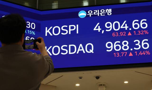 19일 서울 중구 우리은행 본점 로비에 코스피 종가가 표시돼있다. 연합뉴스