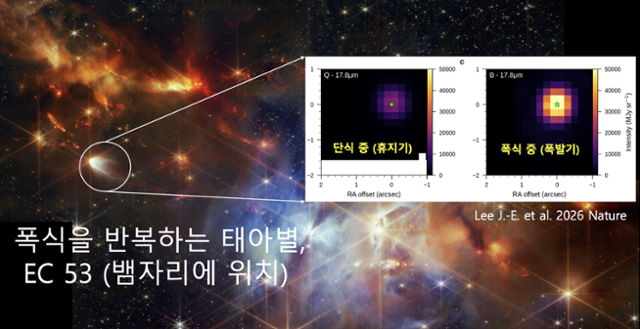 이정은 서울대 물리천문학부 교수 연구팀이 제임스웹 우주망원경을 통해 관측한 뱀자리 태아별 EC 53 및 관측값 분석 결과 . 과학기술정보통신부 제공
