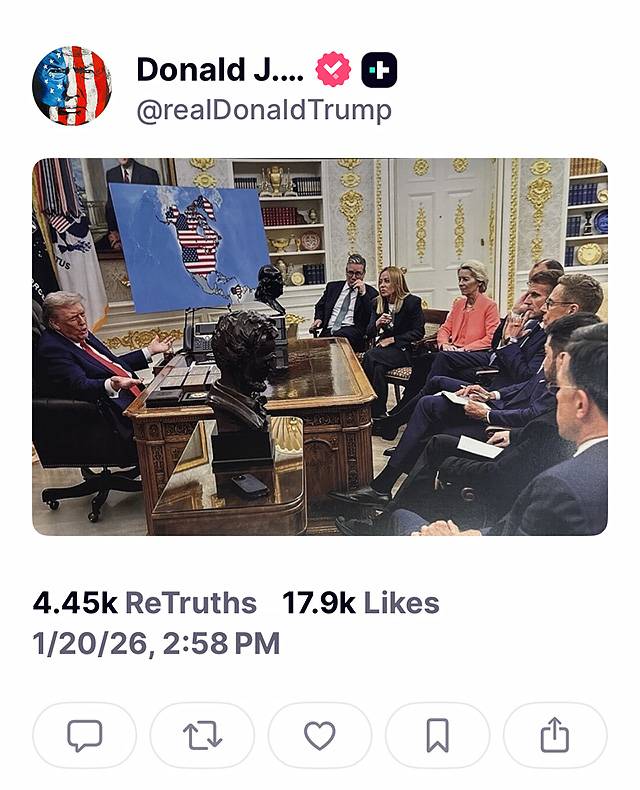 ▲ 도널드 트럼프 미국 대통령이 20일(현지시간) '트루스소셜'의 본인 계정에 올린 사진. 지도에 북미 대륙 및 그린란드가 성조기로 덮여 있다. ⓒ트럼프 트루스소셜 본인 계정 갈무리.