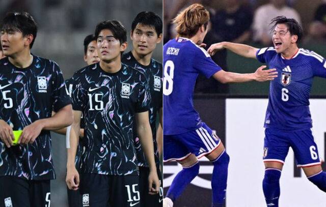 3위 결정전에서 베트남에 진 후 아쉬워하는 한국 선수들(왼쪽)과 중국과 결승전에서 골을 터뜨리고 기뻐하는 일본 선수들. /AFC 제공