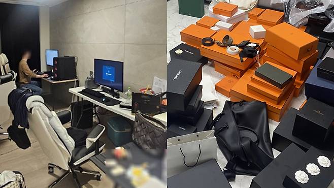 일반 아파트를 빌려 ‘24시간 자금세탁소’를 운영한 범죄조직이 검경 합동수사팀에 붙잡혔다. 오른쪽은 주거지에서 압수한 100여점의 명품들. 서울동부지검 제공