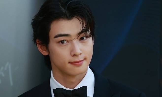 가수 겸 배우 차은우가 2023년 7월 19일 오후 인천 영종도 파라다이스시티 호텔에서 열린 제2회 청룡시리즈어워즈 레드카펫 행사에서 포즈를 취하고 있다. 연합뉴스