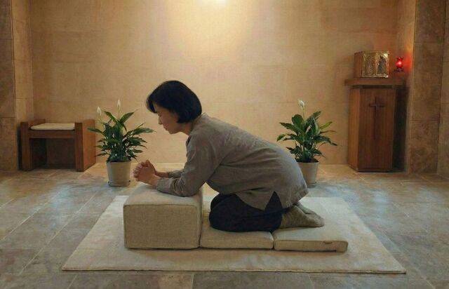 기도방석을 펴서 또다른 자세로 기도하는 모습. 다진 제공