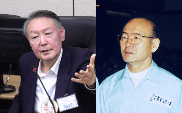 2026년 1월 내란 우두머리 혐의 재판 결심을 앞두고 있는 윤석열(왼쪽)과 1996년 8월 내란 우두머리죄로 사형 선고를 구형 받은 전두환(오른쪽). 연합뉴스 자료사진