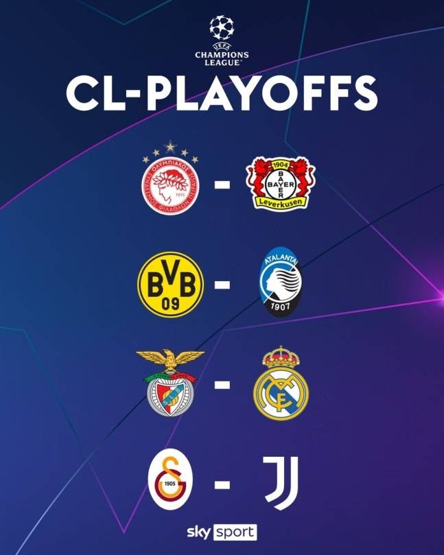 2025-2026 UEFA 챔피언스리그 16강 플레이오프 조추첨 결과. 스카이 스포츠