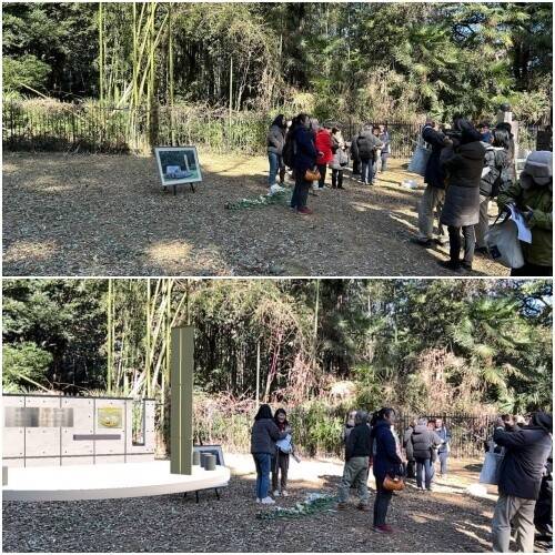 지난 31일 일본 군마현 다카사키시 와타누키초 ‘군마의 숲’ 공원에서 2024년 철거된 ‘군마현 조선인·한국인 강제연행 희생자 추도비’(사진 위) 터 자리에 증강현실(VR) 앱을 이용해 휴대전화 카메라로 현장을 비추면 마치 추도비가 되살아난 듯한 모습(사진 아래)을 볼 수 있다.