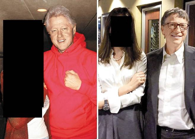 ‘엡스타인 파일’의 일부로 공개된 사진에 나온 빌 클린턴 전 미국 대통령(왼쪽 사진)과 빌 게이츠 마이크로소프트 창업자(오른쪽 사진). 법무부는 두 사람의 옆에 있는 여성들을 성 착취 피해자로 추정하고 얼굴을 검게 처리했다. /AP·로이터 연합뉴스