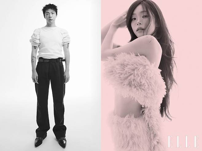 기리보이의 티셔츠는 Homeless, 팬츠와 벨트는 모두 Recto, 슈즈는 Christian Louboutin, 링은 모두 Acne Studios, 티셔츠에 레이어드 한 슬리브리스는 스타일리스트 소장품. 헤이즈가 착용한 팬츠는 Ych, 톱으로 연출한 머플러는 스타일리스트 소장품.