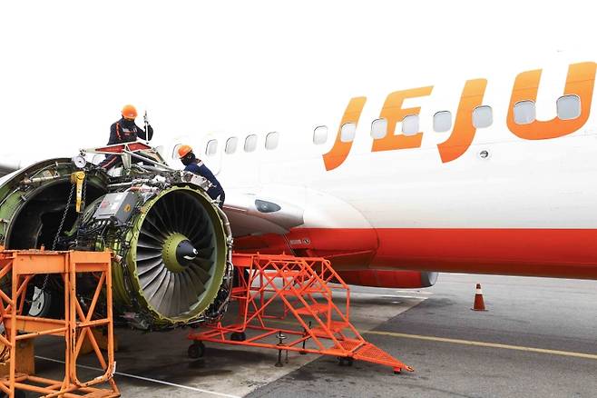 제주항공 정비 인력이 항공기 엔진 정비 작업을 진행하고 있다. 항공사 경쟁의 무게중심은 기재 도입을 넘어, 비용과 운영을 설계하는 능력으로 이동하고 있다. (제주항공 제공)