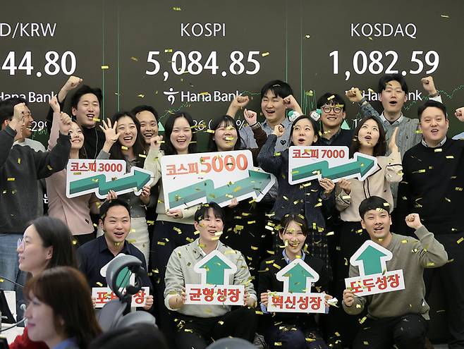 코스피가 종가 기준 사상 처음 5000선을 돌파한 1월27일 서울 중구 하나은행 본점 딜링룸에서 직원들이 축하 세리머니를 하고 있다. ⓒ시사저널 임준선