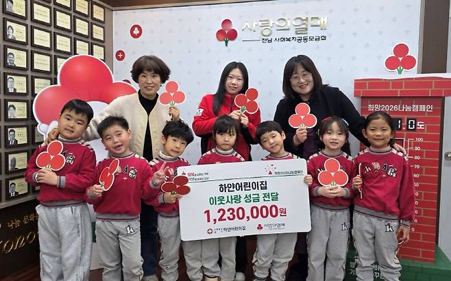 전남사회복지공동모금회(전남 사랑의열매)는 무안군 내 하얀어린이집이 아나바다 장터 수익금 전액인 123만 원을 기부했다고 9일 밝혔다. /전남사랑의열매 제공
