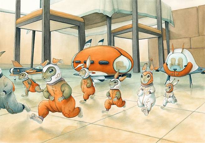 평범한 주말 아침, 오렌지 주스를 찾아 우주선을 타고 온 작은 토끼들과의 만남을 그린 알레시오 알치니의 ‘우주 토끼’.