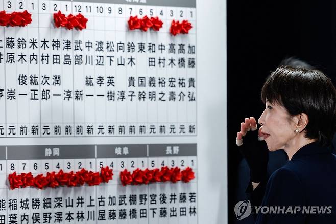 자민당 당선자 현황 보는 다카이치 총리 (도쿄 AFP=연합뉴스) 다카이치 사나에 일본 총리가 8일 중의원 선거 이후 자민당 당선자 현황을 보고 있다.