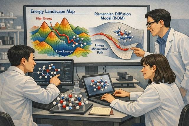 KAIST가 개발한 분자설계 AI 모델 ‘리만 확산 모델로 AI가 그린 일러스터. KAIST 제공.