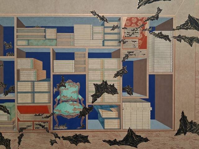 갤러리현대 신관 지하 전시장에 나온 안성민 작가의 민화풍 현대 회화. 민화 책가도 이미지를 배경으로 초현실적 분위기의 천 혹은 땅덩어리 조각들을 흩뿌리듯 배치해 현대적인 감각이 물씬 배어 나온다. 노형석 기자