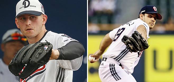 크리스 플렉센이 호주 시드니에서 진행되는 스프링 캠프에서 훈련하고 있다. 오른쪽은 잭 로그. 두산베어스 제공