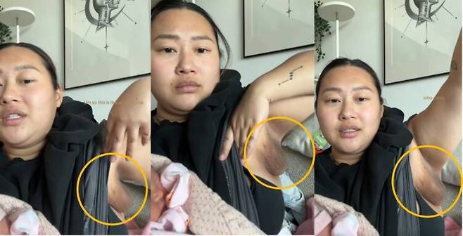 둘째 아이를 출산 후 예상치 못한 신체 변화를 겪은 한 여성의 경험이 온라인에서 화제가 되고 있다. 바로 겨드랑이에 유두까지 있는 제 3의 유방이 자라난 것. 사진=재스민 마미야의 틱톡