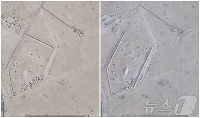 지난달 17일(왼쪽)과 지난 1일 카타르 알우데이드 공군기지의 패트리어트 방공 미사일 배치 상태를 비교하는 플래닛랩스 위성사진 ⓒ 로이터=뉴스1