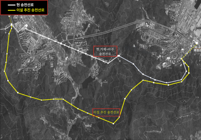 거제시 상문동 고압 송전선로 이설 구상안. 서일준 의원실 제공